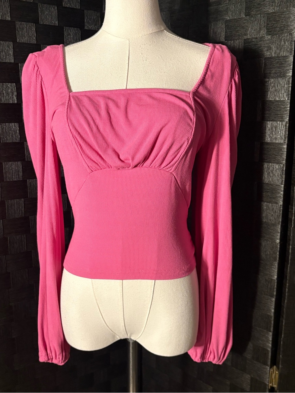Listicle Hot Pink Ribbed Knit Top Square Neck Ruched Bust Long Sleeve